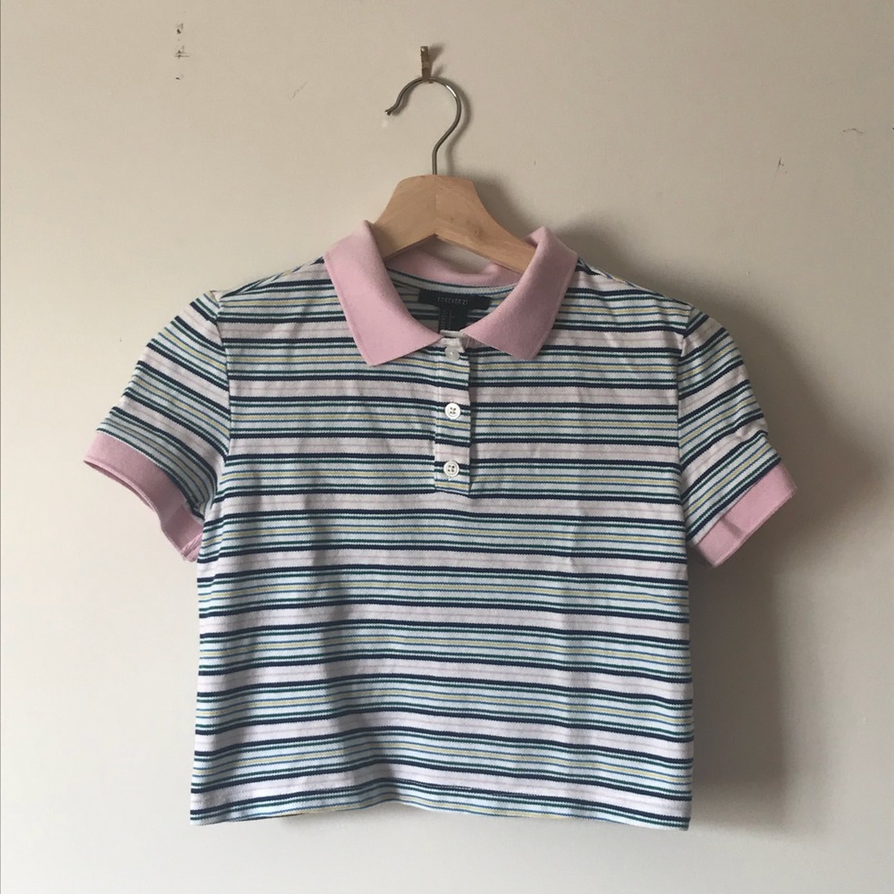 F21 Striped Button Up Collar Crop  (Pink/Multi)